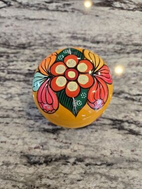 Vintage Mexican Folk Art Terracota Trinket Box Hand Painted Floral Jewelry Dish